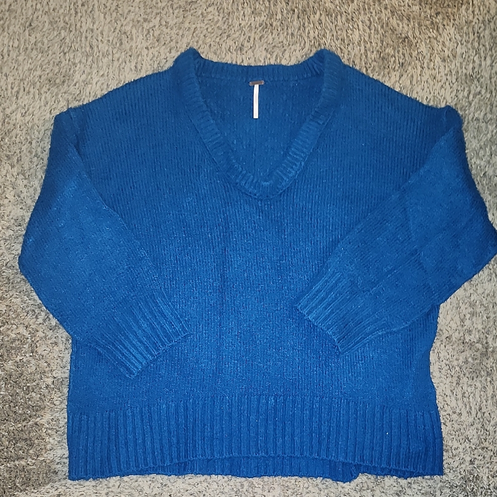 Free People Deep Blue V-Neck Sweater